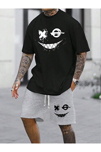 Pink Sky Men's Oversize Beast Printed Cotton T-Shirt and Shorts Set - Smiling Face