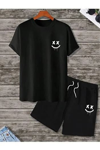Frisson 2 Pieces X Smiling Face Shorts T-shirt Set Black Set NASASORTTSHIRT