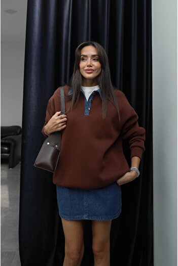 Havoş Brown Collar Denim Detailed Raised Sweatshirt