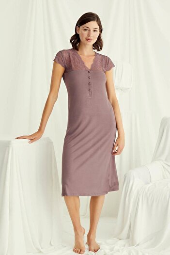 MONAMİSE Monamise 18511 Women's V-Neck Lace Buttoned Short Sleeve Nightgown-Coffee