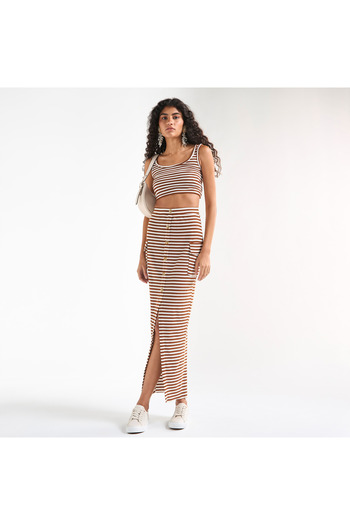 FAV Striped Pencil Skirt with Pockets and Slit