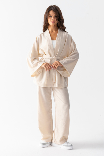 TUBA SÖZEN BUTİK Wide Leg Linen Textured Bottom Top Kimono Set