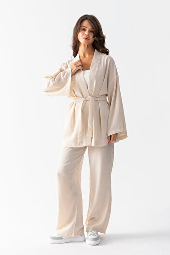 TUBA SÖZEN BUTİK Wide Leg Linen Textured Bottom Top Kimono Set