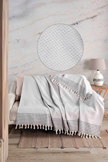 LADYNİL Gray Sofa Cover with Star Border | Sofa Shawl 180x210 Cotton