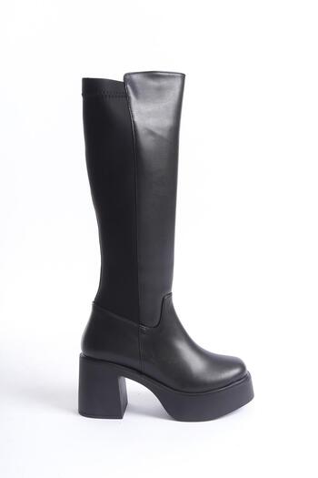 Modabuymus Lostar Black Stretch Back Flexible High Thick Platform Heeled Boots