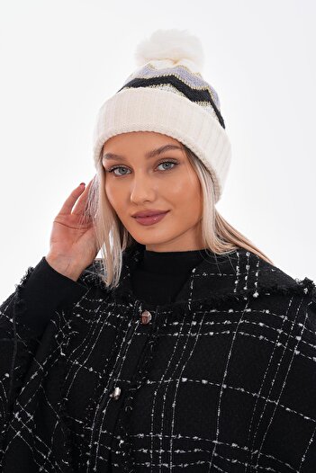 MARBERRY Pompom Zigzag Patterned Ecru Women's Beret