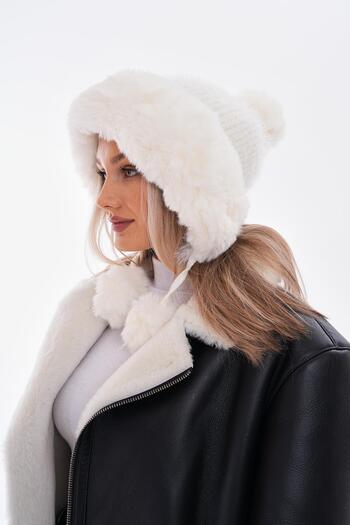 MARBERRY Plush Fur Ecru Pilot Women's Hat Beret with Pompom and Stones on It
