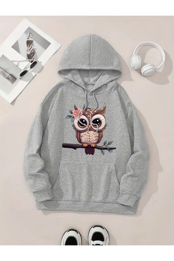 caddekombin Cute Owl Printed Hooded Pocket 2 Thread Ribbed Sweatshirt