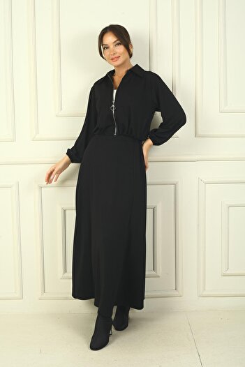 By Saygı Women's Front Zipper Jacket Elastic Waist Long Skirt Osyho 2 Piece Set