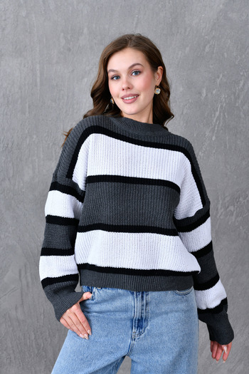 vuvutasarım Gray Striped Knitwear Hijab Sweater - Low Long Sleeve, Crew Neck 6500