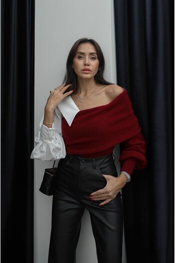 Havoş Burgundy Shirt Sleeve Detailed Sweater