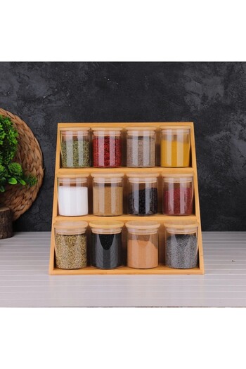 Karçiçeği Home 3-Layer Bamboo Spice Rack 12-Piece Bamboo Spice Set 200ml