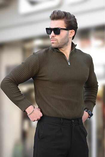 Madmext Khaki Polo Collar Zipper Detailed Long Sleeve Men's Sweater 7282
