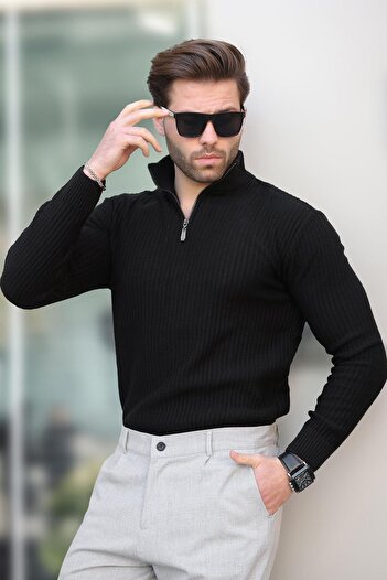 Madmext Black Polo Collar Zipper Detailed Long Sleeve Men's Sweater 7282