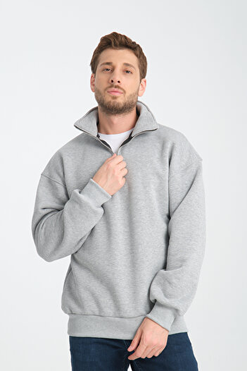 Store KAHVERENGİ UNISEX OVERSIZE PAMUKLU İÇİ POLARLI YÜNLÜ DİK YAKA YARIM FERMUAR SWEAT