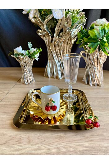 atabey home collection 6 ADET Kahve & Çay & Sunum Tepsisi Gold Tepsi Kiraz Dökümlü