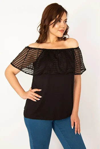 Şans Women's Large Size Black Elastic Collar Lace Flounce Blouse 65n33880