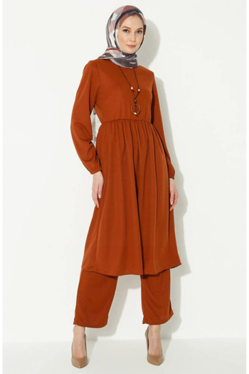 sefamerve Tan Necklace Tunic and Trousers Set - 0583-10
