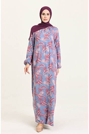 sefamerve Indigo Viscose Dress - Gathered Sleeve and Collar, Model 3357-04