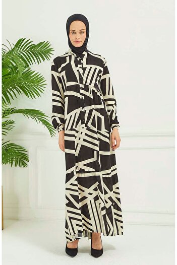 sefamerve Black Geometric Patterned Dress - 4106-04
