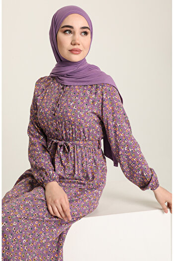 sefamerve Çiçek Desenli Elbise 4066-04 Lila