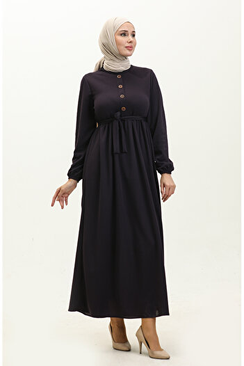 sefamerve 7979-10 Eggplant Purple Belted Dress