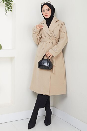 hafsamina Beige Stamp Coat - Double Breasted Collar with Buttons and Belted Hm2603