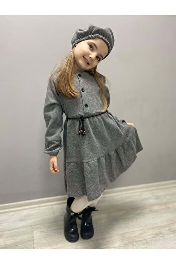 Mnk Baby&Kids Kaşe Kumaş Şapkalı Kız Çocuk Elbise MNK0559 GRİ