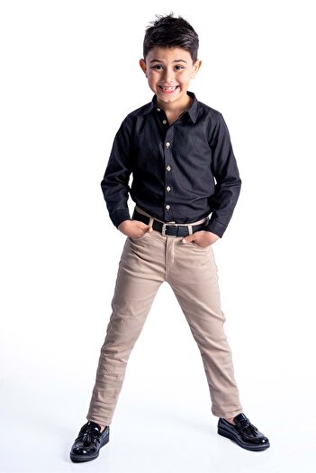 Mnk Baby&Kids Stylish Shirt Gabardine Trousers Boy Set Mnk0422 Black - Beige