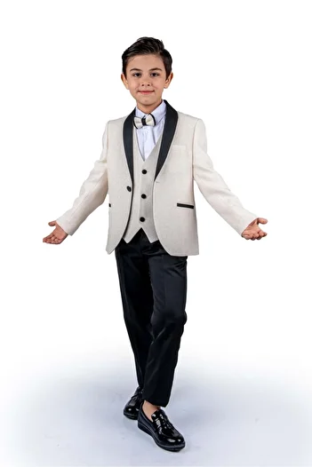 Mnk Baby&Kids Boy's Ecru Groom Suit - Glitter Jacket and Vest Mnk0501