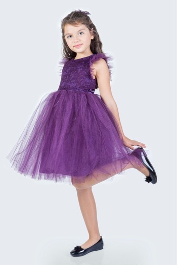 Mnk Baby&Kids Roza Dantel Tütü Kız Çocuk Abiye Elbise MNK0546 MÜRDÜM