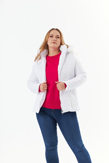 RMG White Large Size Quilted Puffer Jacket - Lined