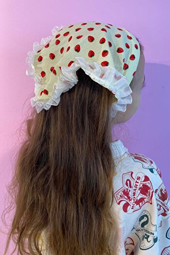 TAKIŞTIR Yellow Strawberry Figured Scarf Detailed Crown