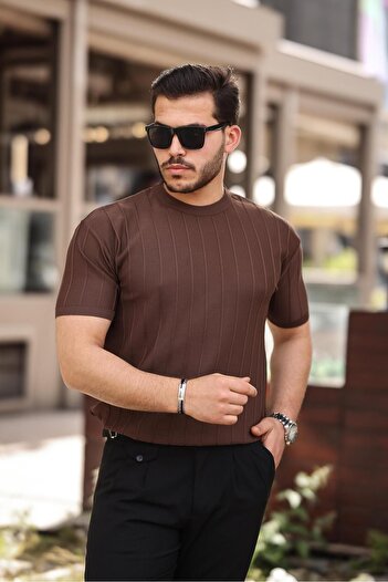Miron Crew Neck Brown Knitwear T-Shirt - Embossed, Short Sleeve - 2430