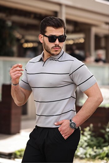 Miron Μπλουζάκι Polo Neck Grey ριγέ πλεκτό - 2427
