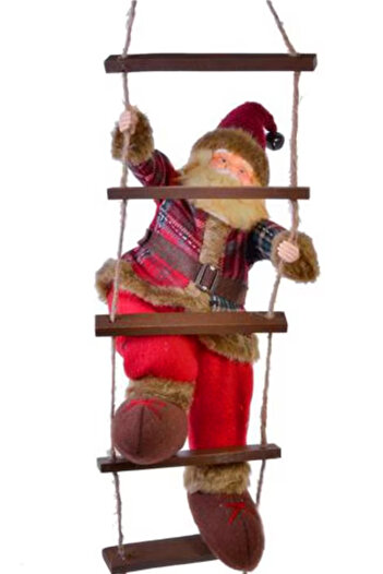 Sole Yılbaşı Noel Baba - Santa Claus Ahşap Merdivenli Kırmızı 40 Cm - Merdiven Ile 78 Cm