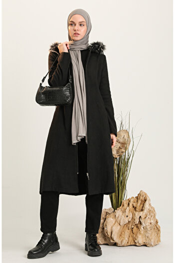 sefamerve Black Furry Stamp Coat - 612980 -01
