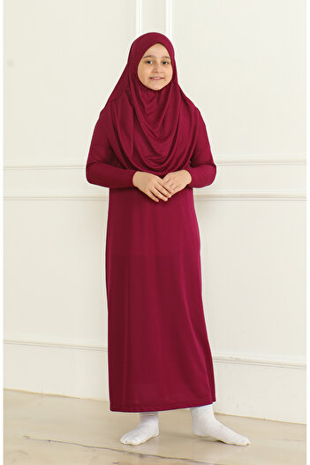 sefamerve One-Piece Practical Children's Prayer Dress with Headscarf 1985-05 Plum
