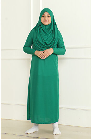 sefamerve One Piece Practical Children's Prayer Dress with Headscarf 1985-04 Emerald Green
