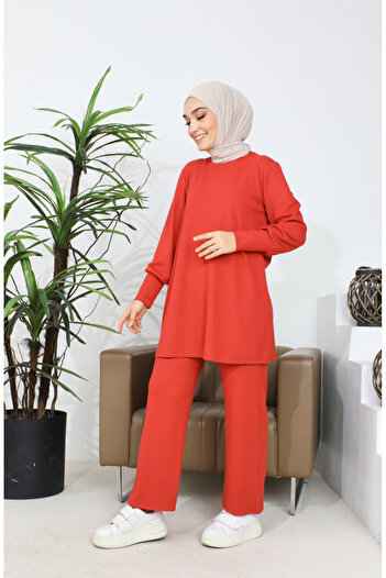 sefamerve Brick Color Double Set - Two Thread Jewelled Tunic and Trousers 20024-02