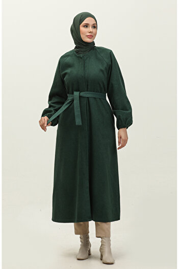 sefamerve Emerald Green Stamped Coat 3200-03 - Hidden Button Detail
