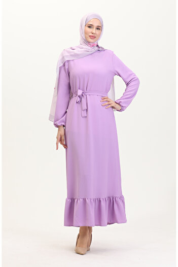 sefamerve Lilac Belted Elastic Sleeve Dress - 1015-07
