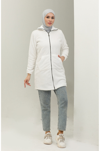 sefamerve White Plush Zippered Cardigan 54004-02