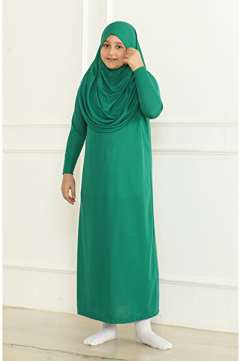 sefamerve One Piece Practical Children's Prayer Dress with Headscarf 1985-04 Emerald Green