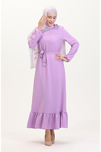 sefamerve Lilac Belted Elastic Sleeve Dress - 1015-07