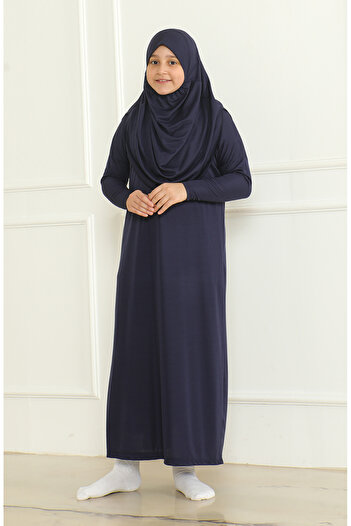 sefamerve One Piece Practical Children's Prayer Dress with Headscarf 1985-07 Navy Blue