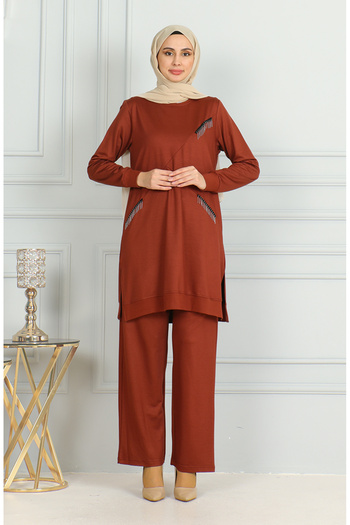 sefamerve Brick Color Tunic and Trousers Double Set - Tassel Detailed 20042-03