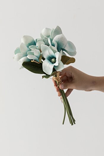Güleç Yapay Çiçek Ghirlandă de magnolie din latex artificial de lux 33 cm albastru 7 capete