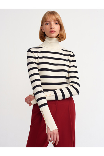 Dilvin 10432 Turtleneck Striped Durop Sweater-Cream-Black