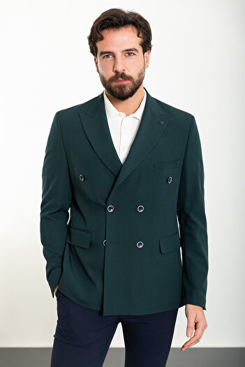 Mcr Straight Slim Fit Wide Collar Double Breasted Men's Jacket Emerald - 40363.24Y
